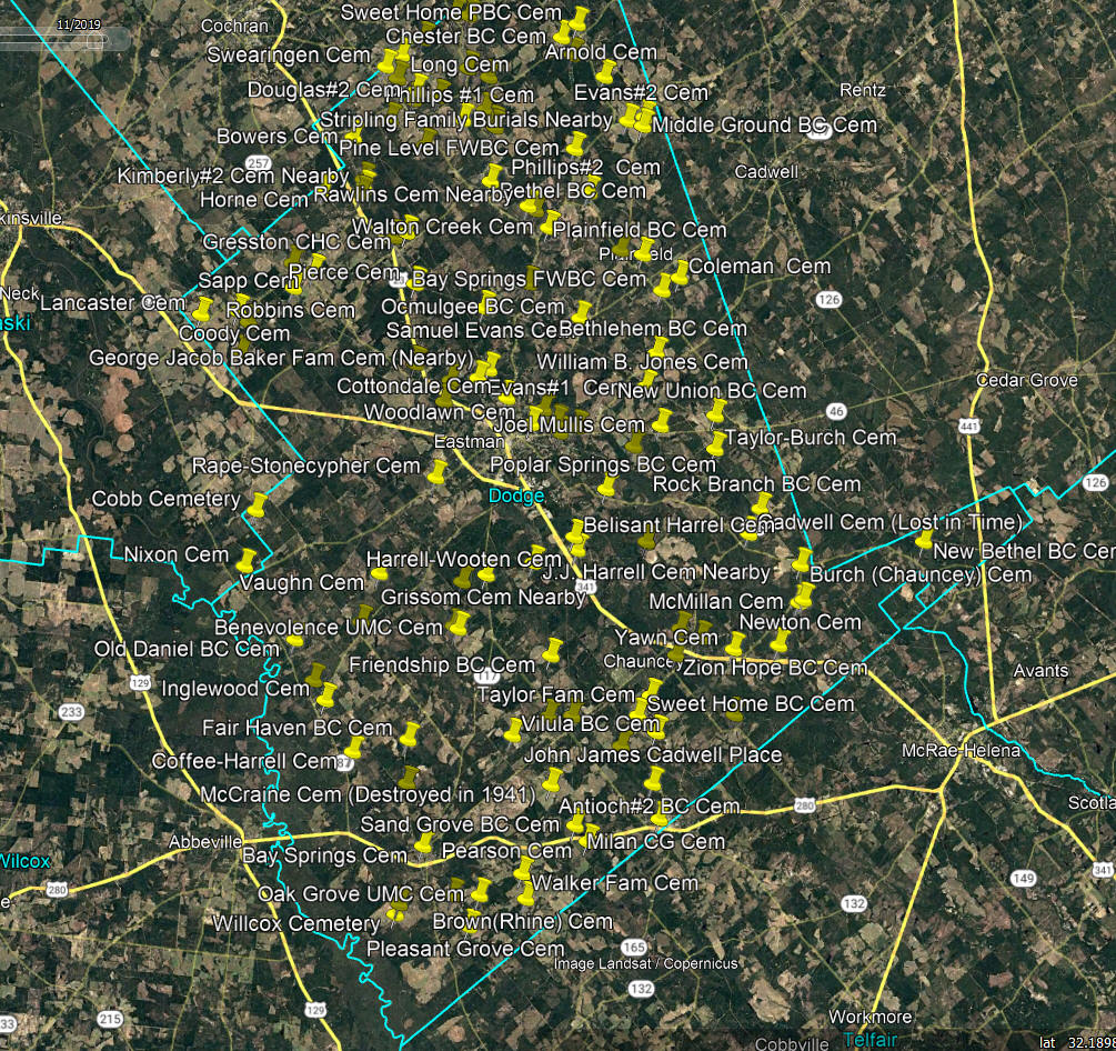 Aerial map of Dodge County cemeteries